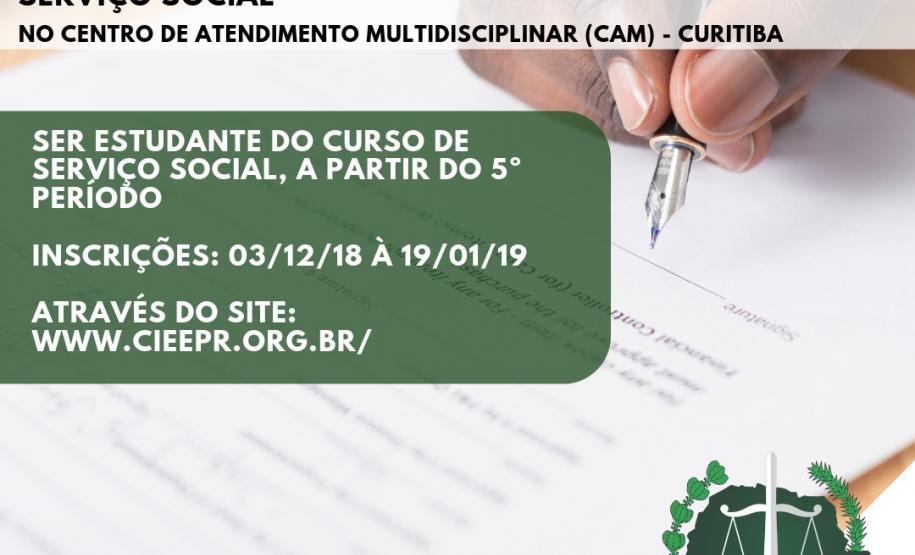 #LegendaAcessível: Na imagem vemos uma mão segurando uma caneta muito próxima a uma folha de papel, como se estivesse prestes a escrever algo. 
No canto superior esquerdo lê: ESTÁGIO SERVIÇO SOCIAL, no centro de Atendimento Multidisciplinar (cam) - Curitiba. Abaixo temos a seguinte descrição: Ser estudante do curso de serviço social, a partir do 5º período; INSCRIÇÕES: 03/12/18 à 19/01/19; realizadas através do site: www.cieepr.org.br/ . No canto inferior direito vemos a logo da DPPR.