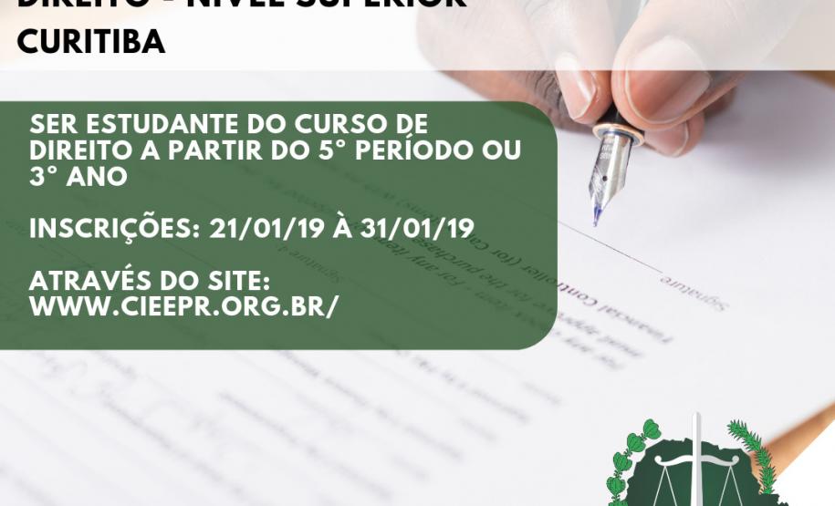 DPPR abre vagas de estágio para Direito em Curitiba Na imagem vemos uma mão segurando uma caneta muito próxima a uma folha de papel, como se estivesse prestes a escrever algo. No canto superior esquerdo lê: ESTÁGIO Direito - Nível Superior Curitiba. Abaixo temos a seguinte descrição:"Ser estudante do curso de direito a partir do quinto período ou terceiro ano" "Inscrições:21/01/2019 à 31/01/2019", "Através do site: ww.cieepr.org.br/"
No canto inferior direito vemos a logo da DPPR.
