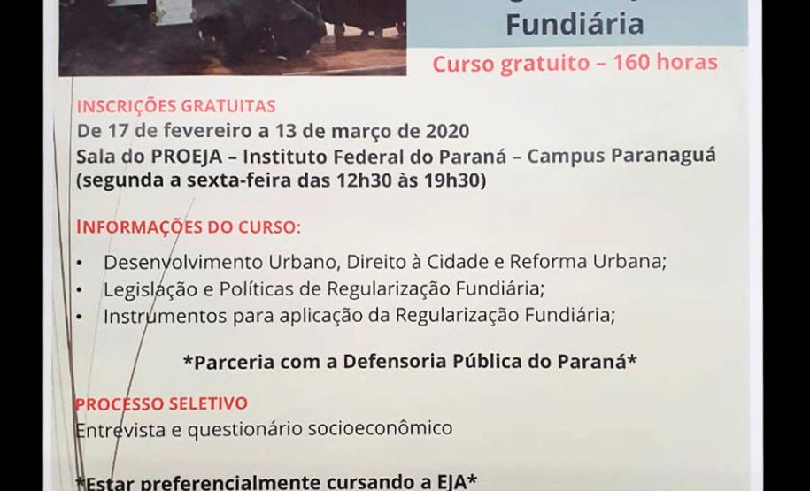 NUFURB e EDEPAR organizam Curso Profissional de Agente de Regularização Fundiária em parceria com o Instituto Federal do Paraná em Paranaguá A Defensoria Pública do Estado do Paraná, através do Núcleo Itinerante das Questões Fundiárias e Urbanísticas (NUFURB) e da Escola da Defensoria Pública do Paraná (EDEPAR), em parceria com o Instituto Federal do Estado, campus Paranaguá, organizaram o Curso Profissional de Agente de Regularização Fundiária.