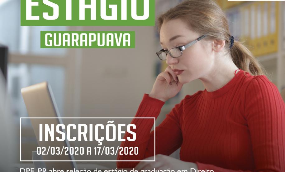 A Defensoria Pública do Estado do Paraná está com vagas de estágio disponíveis para estudantes de graduação em direito, para atuar no Foro Central da Comarca de Guarapuava. Para se inscrever, é necessário estar devidamente matriculada(o) a partir do 5° período do curso.