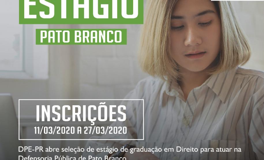 A Defensoria Pública do Estado do Paraná está com vagas de estágio disponíveis para estudantes de graduação em direito, para atuar na Defensoria Pública de Pato Branco. Para se inscrever, é necessário estar devidamente matriculada(o) a partir do 5° período do curso.