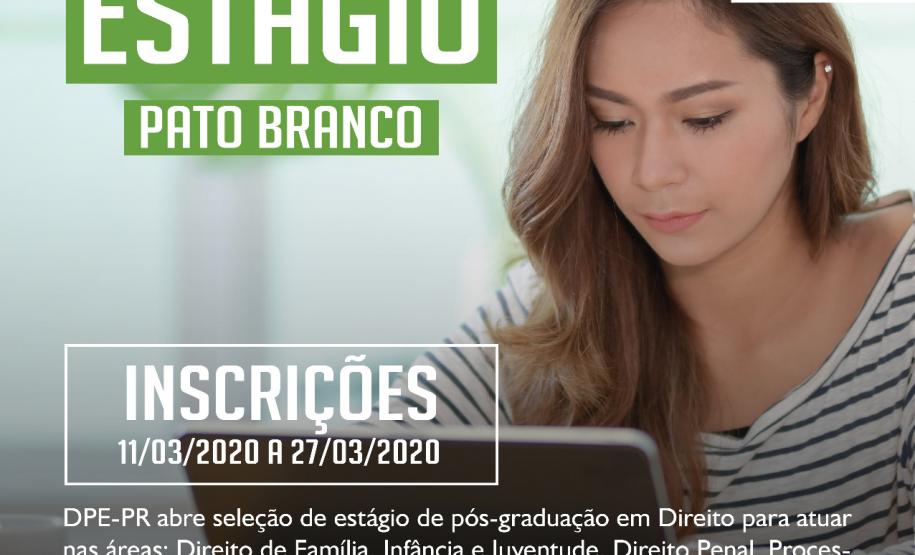 A Defensoria Pública do Estado do Paraná está com vaga de estágio de Pós-Graduação disponível para estudantes graduados em direito, para atuar na Defensoria Pública do Estado do Paraná de Pato Branco.