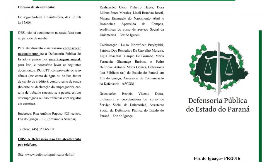 Foz Projeto Integrador Folder desenvolvido pelas alunas do curso de Serviço Social - página 1.