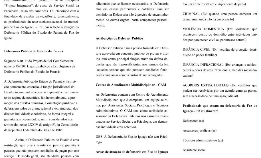 Foz Projeto Integrador Folder desenvolvido pelas alunas do curso de Serviço Social - página 2.