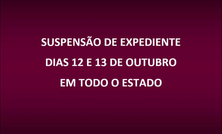 Estará suspenso o expediente em todas as sedes da Defensoria Pública do Estado do Paraná nos dias 12 e 13 de outubro (Feriado em comemoração ao dia da Padroeira do Brasil e recesso), conforme Resolução DPG Nº 042/2017.