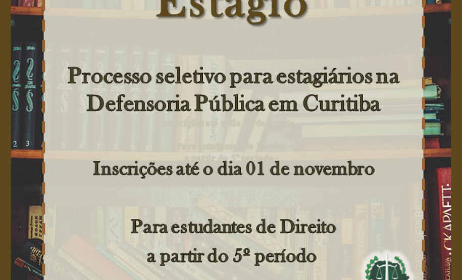 A Defensoria Pública do Paraná em Curitiba, está com vagas abertas para estagiários na área de Direito, para atuação junto ao Núcleo Criminal de Curitiba, Central de Audiência de Custódia, Tribunal do Júri e no Juizado de Violência Doméstica e Familiar Contra a Mulher.